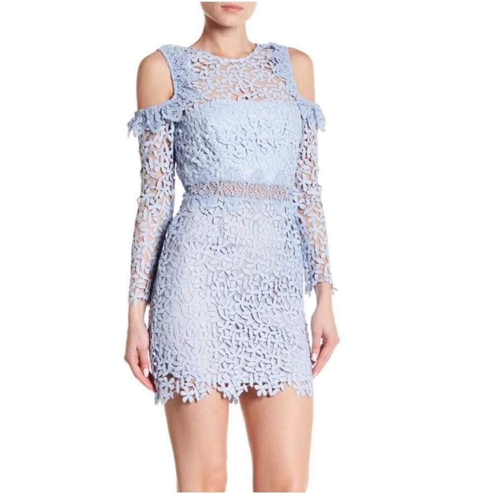 AMUR Lace Cold Shoulder Dress in Soft Blue